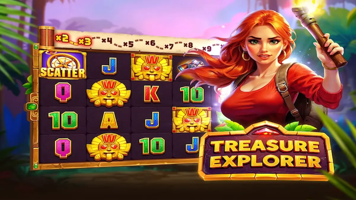 Isang makulay na eksena mula sa Treasure Explorer slot na nagpapakita ng gubat at mga sinaunang Aztec na kayamanan.