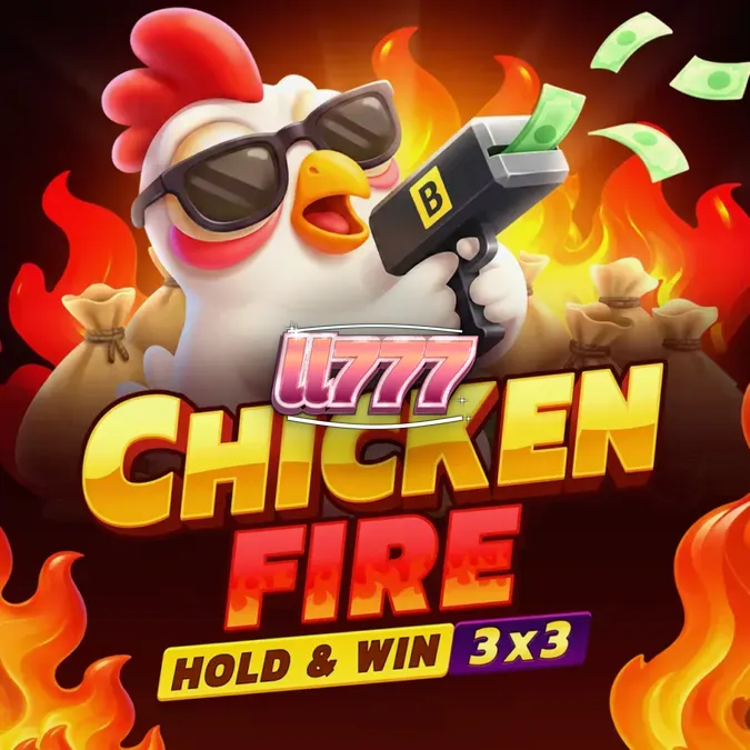 A colorful slot machine screen featuring chickens and fire elements, with coin symbols scattered around.